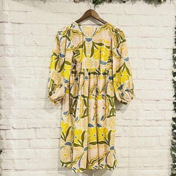 Cyclamen Bloom Kaftan Pleated Tunic Cotton Dress Flower Print Size Small V Neck - Picture 2 of 9